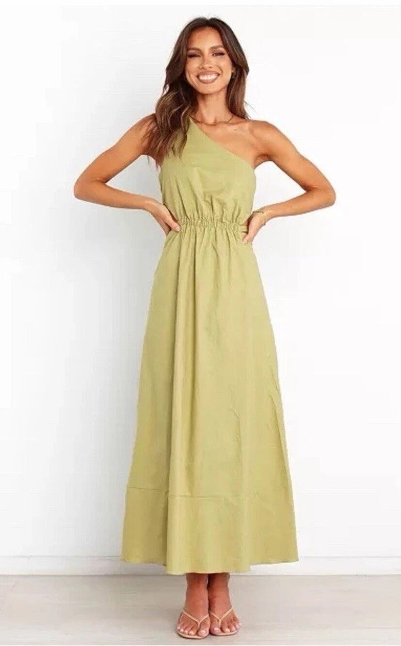 Petal & Pup Flock Midi Dress in Olive Size 10 One Shoulder Side Cutouts